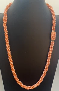 Vintage 28” Twisted 3 Strand Natural Coral Bead Necklace Carved Rose Clasp - Picture 1 of 8