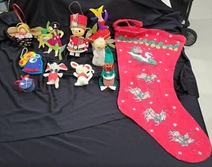 Vintage Christmas Lot Stocking 10 Ornaments Flocked Elf Japan Felt Look At... - Picture 1 of 14