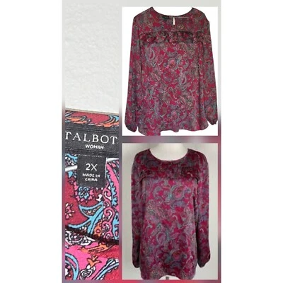 Talbots Woman plus Size 2x Red Paisley Bold Print Henley Popover Blouse Ruffle - Image 1 of 4