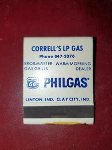 Vintage PHILLIPS 66 PHILGAS Matchbook CORRELLS LP GAS LINTON & CLAY CITY Ind. - Picture 1 of 4