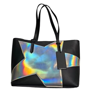 Kendall and Kylie Tote Bag Black With holographic Silver Star Large Faux Leather - Picture 1 of 15