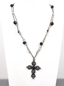 Western Gothic Black Bead Multi Chain Ornate Cross Pendant Faux Pearl Necklace - Picture 1 of 9