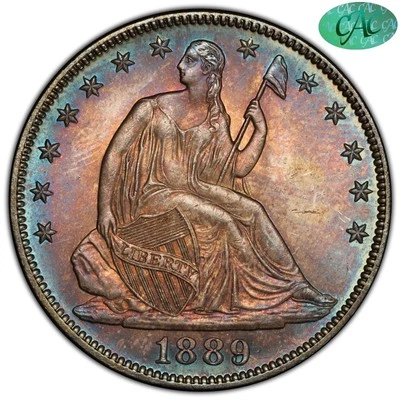 Tied for Finest 1889 50C MS66 PCGS CAC Toned Color Liberty Seated Half Dollar - Image 1 of 4