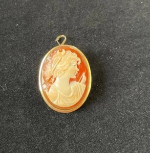 Broche camée or jaune 14k profil Diane pendentif vintage 4,8g signé - Foto 1 di 8