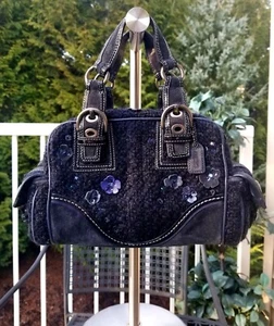 w/COA Auth COACH #10071 Midnight Blue Tweed Floral Sequin Satchel Bag Purse - Picture 1 of 18