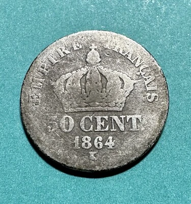 50 céntimos Francia 1864 K - .835 PLATA - Acuñado en Burdeos - KM#814.3 - Raro Foto 1 de 2