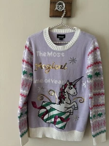 NWT Joe Boxer Juniors Size L Purple Unicorn Sweater Christmas Sequin - Picture 1 of 5