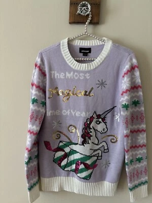 NUEVO CON ETIQUETAS Joe Boxer Juniors Talla L Púrpura Unicornio Suéter Navidad Lentejuelas Foto 1 de 4
