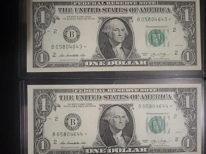 2013 B 1$ STAR NOTE DUPLICATE ERROR RARE & BOTH UNCIRCULATED, MINT. FREE SHIP - Picture 1 of 4