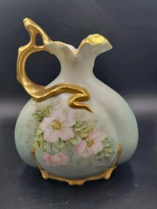 Vintage Hand Painted Pink Floral Light Green Pitcher Vase W/ Gold Accents - Picture 1 of 10