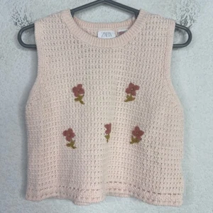 Zara Sweater Girls 5 Pink Floral Embroidered Knit Sleeveless Boho Cottagecore - Picture 1 of 5