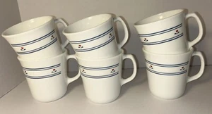 6 Vintage Corning USA Corelle Country Hearts White Coffee Tea Cup Mug Blue Lines - Picture 1 of 12