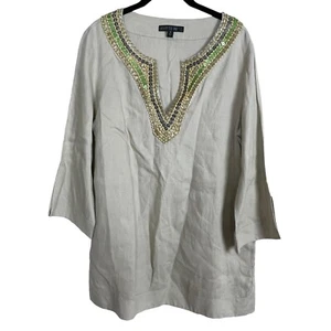 Lafayette 148 New York Embellished Neckline  Linen Khaki Tan Tunic Size 10 - Picture 1 of 7