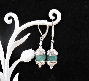 Gorgeous 925 Sterling Silver & Pewter Jade Leverback Dangle Earrings F91 - Picture 1 of 2
