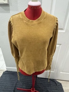 Free People One Tasha Mustard Lace Up Puff Sleeves Thermal Waffle Knit Top S - Picture 1 of 6