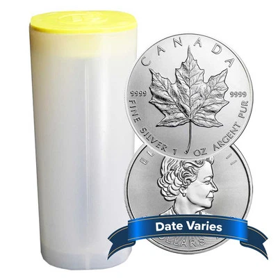 Rollo de 25 - $5 hoja de arce canadiense de plata 1 oz año aleatorio BU Foto 1 de 3