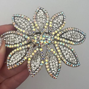 Rhinestone Flower Hair Clip Silver Aurora Borealis Floral Barrette - Picture 1 of 7