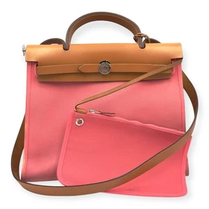 Hermes Rose Azalee Natural Toile & Saddle Brown Leather Herbag Zip 31 - Picture 1 of 17