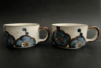 2 VTG Otagiri Speckled Stoneware Soup Cups Oversized Mugs Blue Flowers - Image 1 of 4