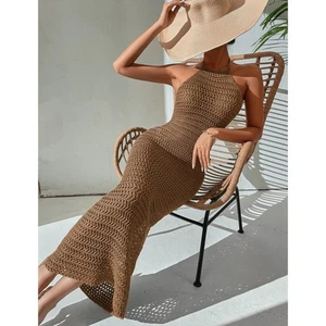 Vestido Shein Nuevo sin Etiquetas Breezaya Crochet Espalda Sin Espalda Halter Cuello Bodycon Encubrimiento 6 Marrón - Imagen 1 de 19