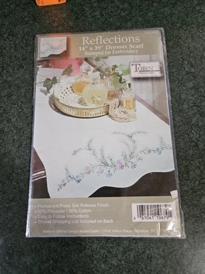 Tobin Stamped Embroidery Reflections White Dresser Scarf 14"X39 - Image 1 of 3