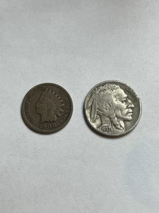 Old Coin Lot 1 Indian Head Penny And 1 Buffalo Nickel Random Years (Two Coins) - Picture 1 of 4