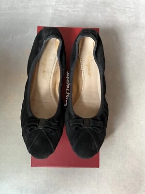 Salvatore Ferragamo My Joy Nuevo Negro Gamuza Cuero Varina Arco Zapatos Planos 10 M Foto 1 de 4