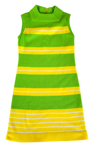 Vtg 70's Mod Sweater Dress Green Yellow Striped Sleeveless Orlon USA Union Made