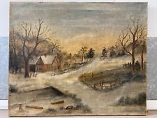 🔥 Antique Old 19th c. Primitive American Folk Art Winter Landscape Oil Painting