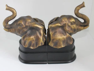 Bronze Colored Heavy Cast Resin Elephant Head Animal Book Ends 2 Pcs - Picture 1 of 15