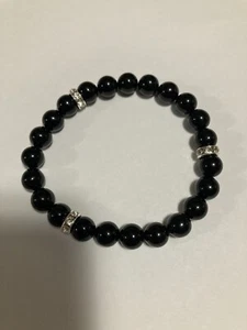 Women Black Onyx and Rhinestone Bracelet Bead Stretch - Picture 1 of 7