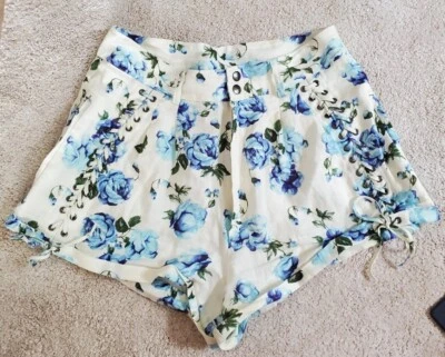 The Kooples Women's Lace Up Floral Linen Shorts Ectu Blue White Size 3 Large - Image 1 of 4