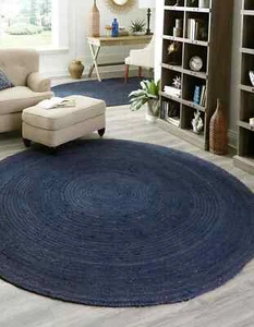 Rug Round Jute Blue Mat Hand Braided Farmhouse Natural Jute Rug Carpet - Picture 1 of 6