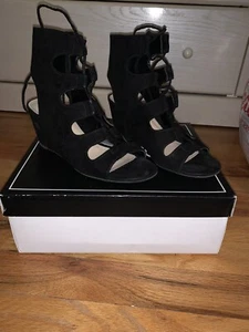 Qupid Black Suede Strappy Wedge Heel Lace Up Open Toe shoe Women's size 5.5 - Picture 1 of 5