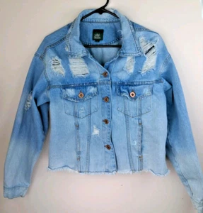 Women's Distressed Denim Jacket Light Wash Raw Hem Size Medium Grunge - Picture 1 of 12