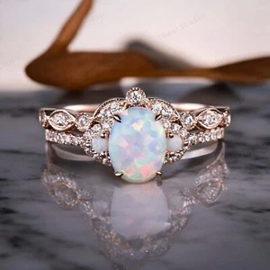 925 Sterling Silver 8X6 MM Oval Shape Natural Opal Ring set Cubic Zirconia Ring - Picture 1 of 3