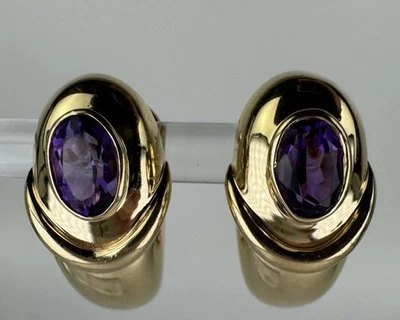 Preciosos aretes tipo argolla Huggie trasero Omega de oro amarillo de 14k y amatista 9 g Foto 1 de 4