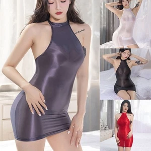 Sexy Women Glossy Sheer Bodycon Dress Transarent Club Ultral Thin Skirt Backless - Picture 1 of 18