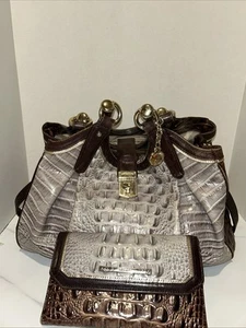 Brahmin Elisa Leather Handbag With Matching Wallet Brown& Gray Turn lock / Logo - Picture 1 of 20