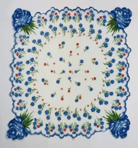 Vintage Floral Handkerchief Blue & Pink Flowers Cottagecore Decor Cotton Hankie - Picture 1 of 9
