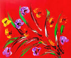 FLOWERS ON RED   IMPASTO  IMPRESSIONIST LARGE ORIGINAL OIL  PAINTING - PnBdf5YT 