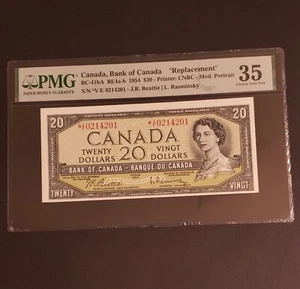 1954 Bank of Canada $20 REPLACEMENT STAR Banknote. PREFIX *V/E. PMG Graded. - Picture 1 of 2