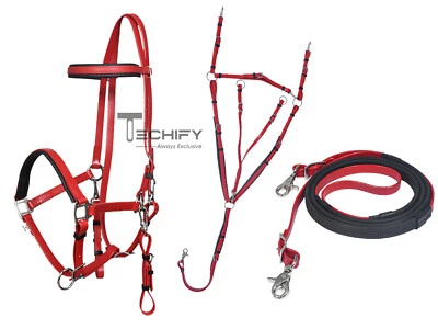 Juego de bridas halter de resistencia de caballo aspecto de cuero rojo acabado mate placa personalizada gratuita Foto 1 de 4