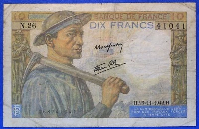 France 1942 - 10 Francs - P-99e - Economical Grade G - VG - Nov 26, 1942 - Image 1 of 2