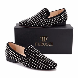 Herren Ferucci schwarze Samt Hausschuhe Halbschuhe flach mit silbernen Spikes Niete - Bild 1 von 5