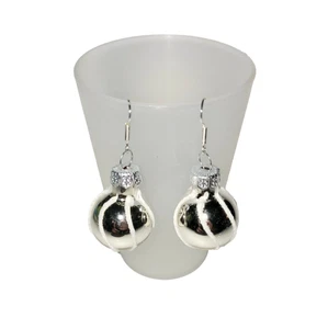 Silver Metallic White Glitter Glass Ball Christmas Ornament Holiday Earrings 2" - Picture 1 of 2