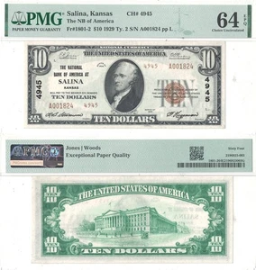 1929 $10 Salina, Kansas Charter 4945 PMG Choice CU-64 EPQ - Picture 1 of 3