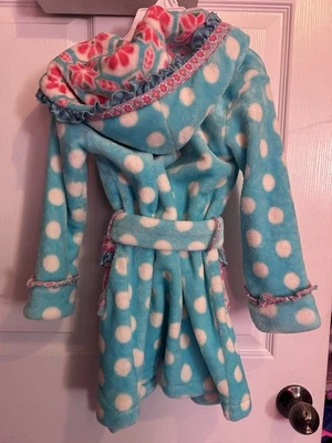 Matilda Jane Girls Blue Polka Dot Hooded Plush Robe S - Image 1 of 2