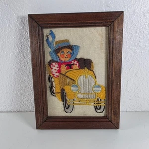 Vintage Framed Embroidery Art Child Driving Yellow Car Blue Scarf 1970s - Picture 1 of 8