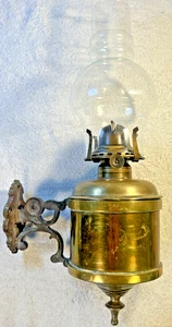 Brass Paraffin Oil Lamp Wall Mounted with Clear Glass Chimney Antique 41 cm Tall - Picture 1 of 24
